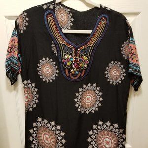 Beautiful Colorful Floral Patterned & Beaded Black Caftan - L?